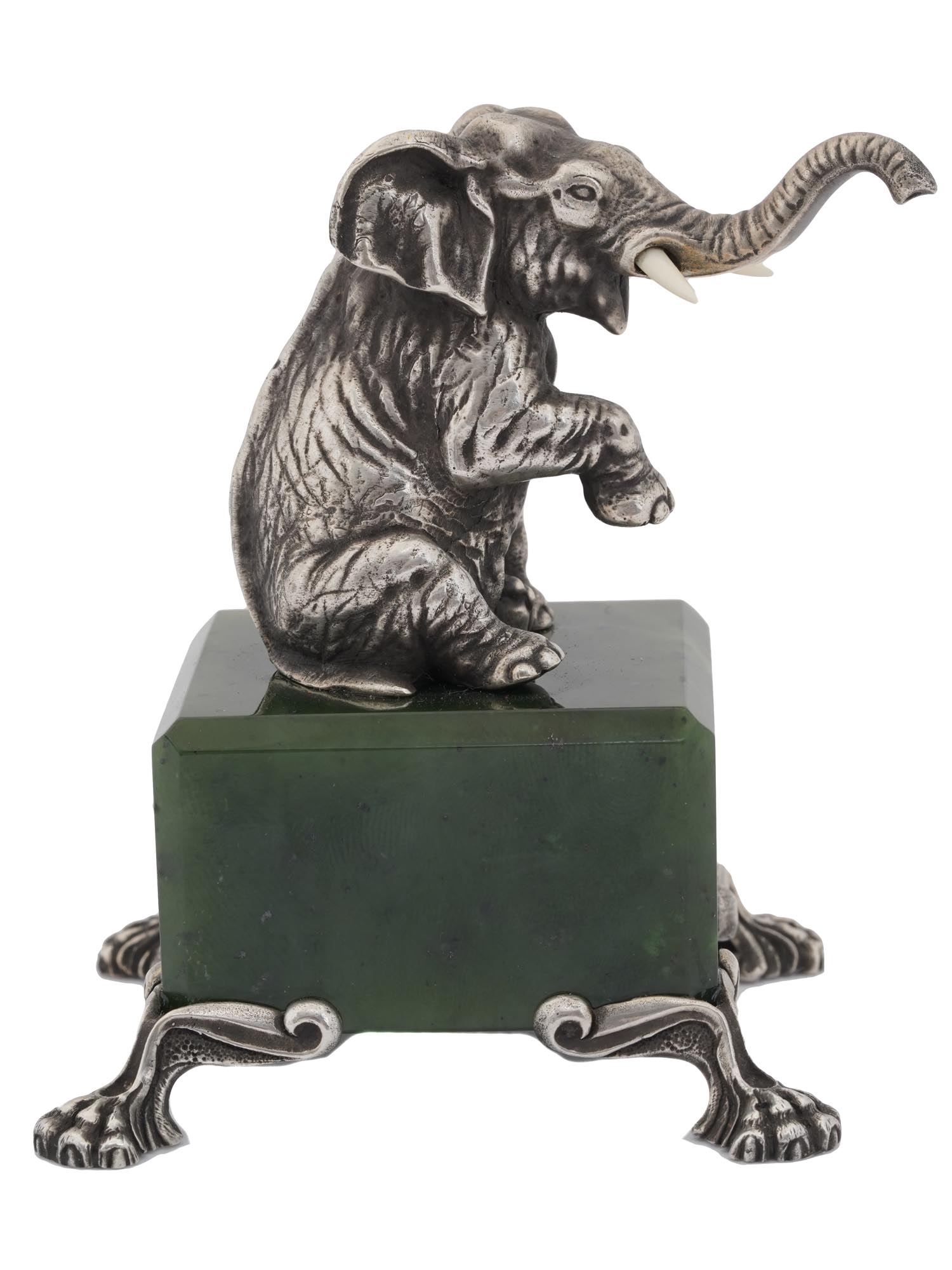 RUSSIAN SILVER ELEPHANT FIGURE NEPHRITE JADE BASE PIC-4